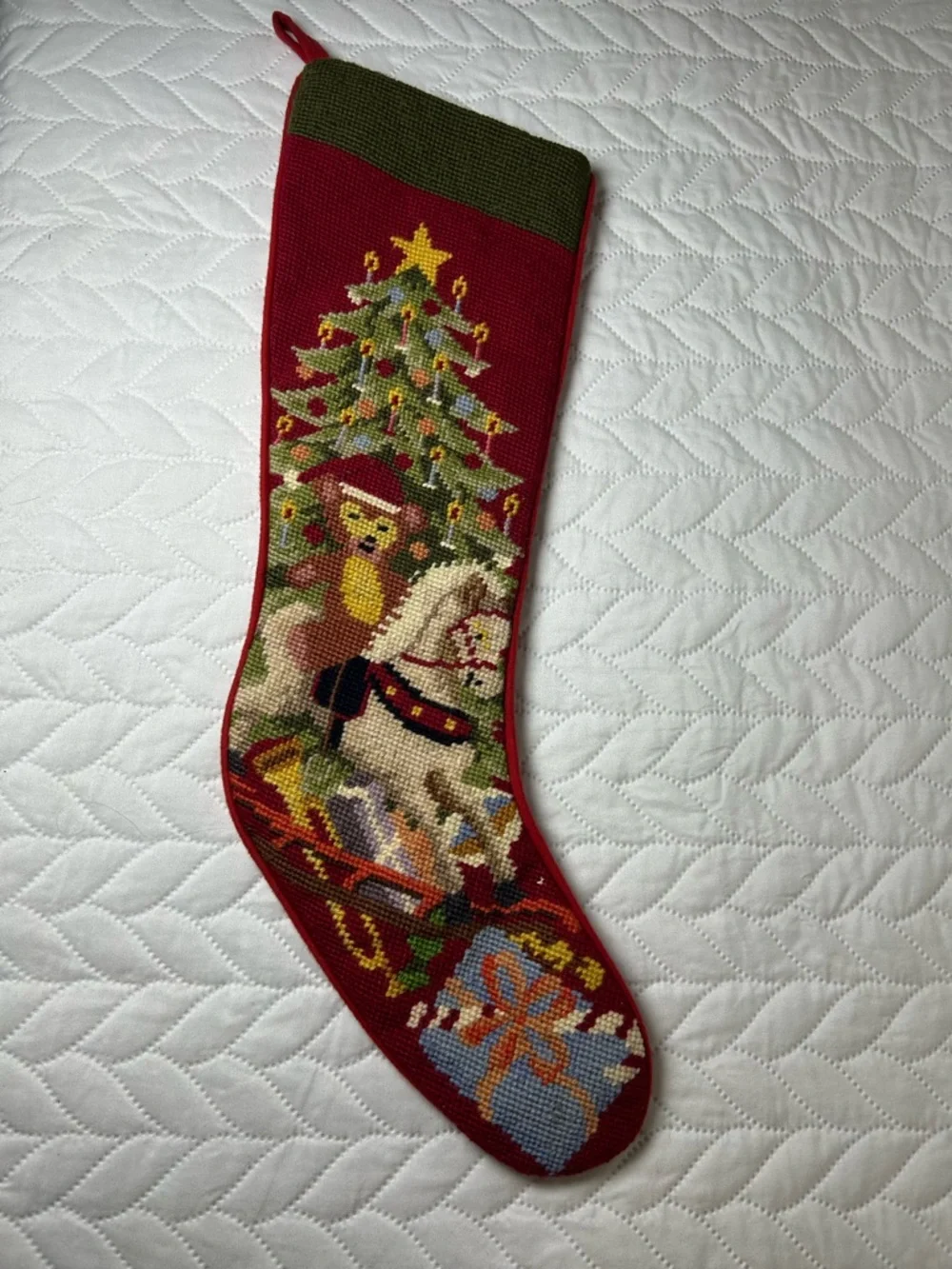 Vintage Needlepoint Christmas Stocking - Rocking Horse & Teddy Bear